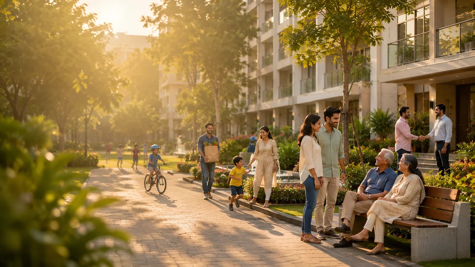 Residents of a green, sunlit apartment community greeting neighbours, chatting on a bench and walking together along a tree-lined path