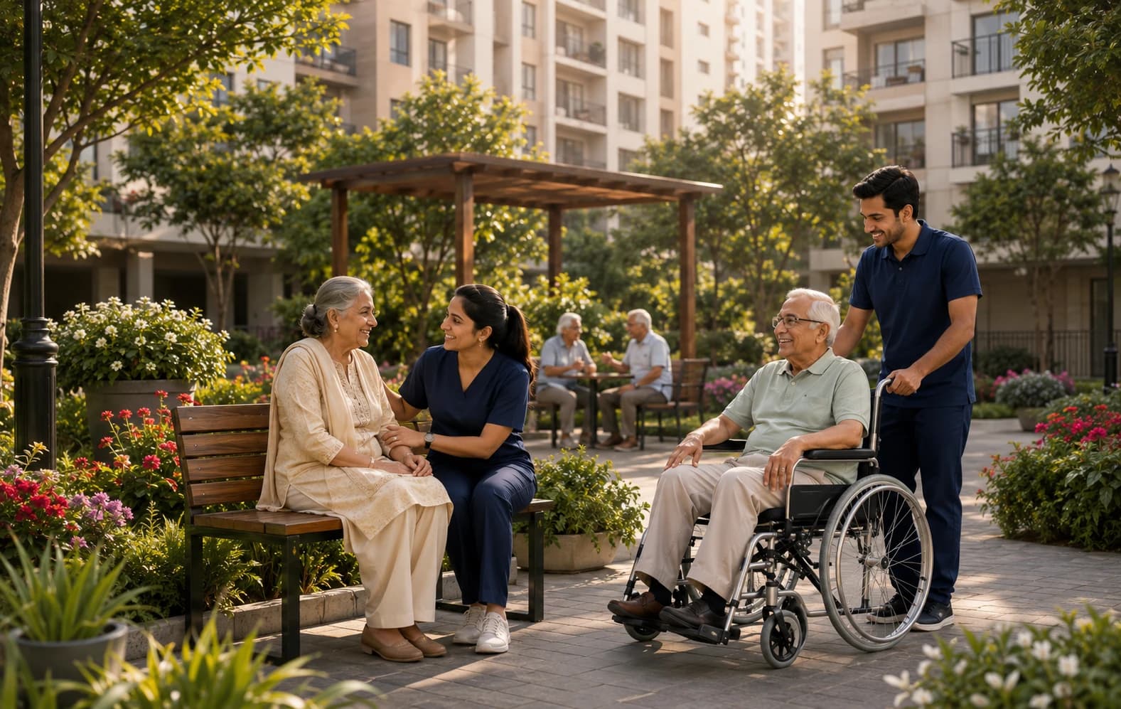 A caregiver and a young man supporting two elderly residents in a landscaped gated community garden