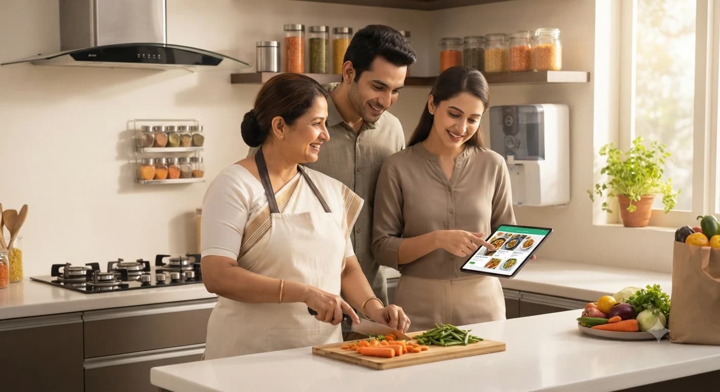 A family in their kitchen watching a home cook prepare vegetables, browsing cook profiles together on a tablet