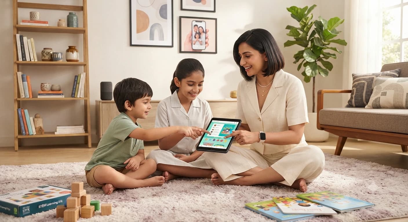 A mother sitting on the living room rug with her two children, all pointing at a tablet showing the GoYolo app