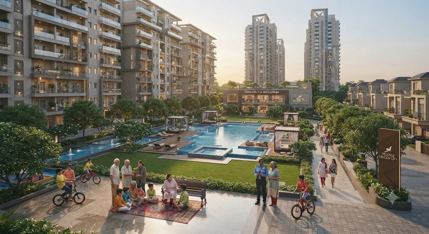 Residents of different ages relaxing and socialising together in a landscaped apartment society courtyard at sunset