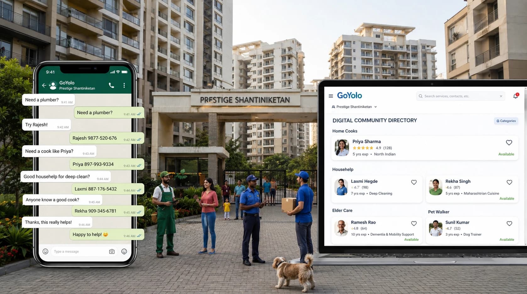 A phone showing a WhatsApp chat of resident recommendations next to a laptop showing GoYolo's digital community service directory